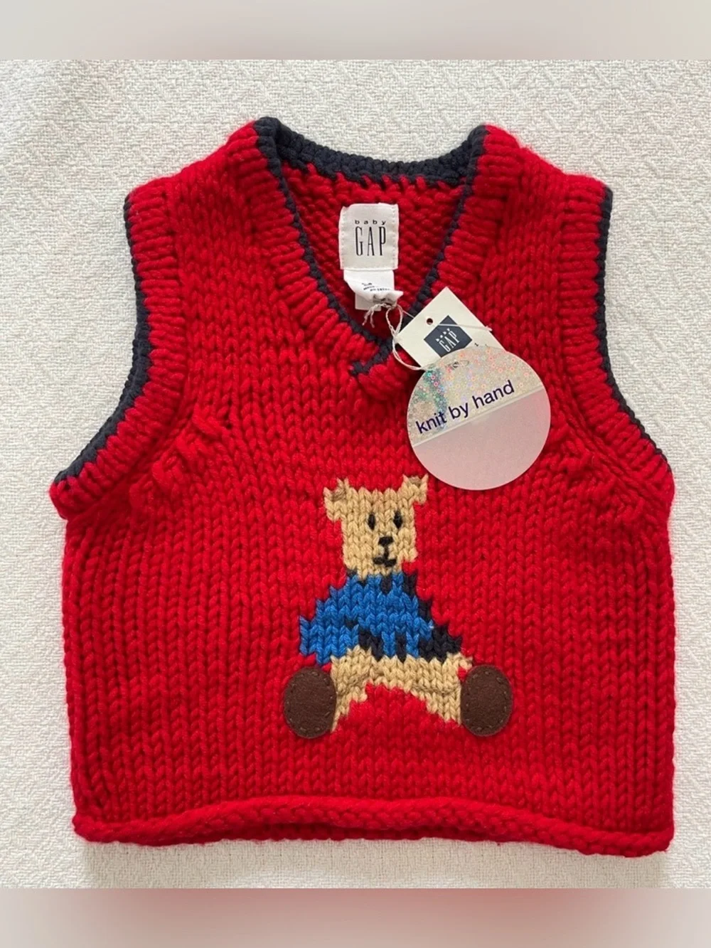 baby GAP Red and Navy Knit by Hand Vest with Navy Trim and Bear Design NWT